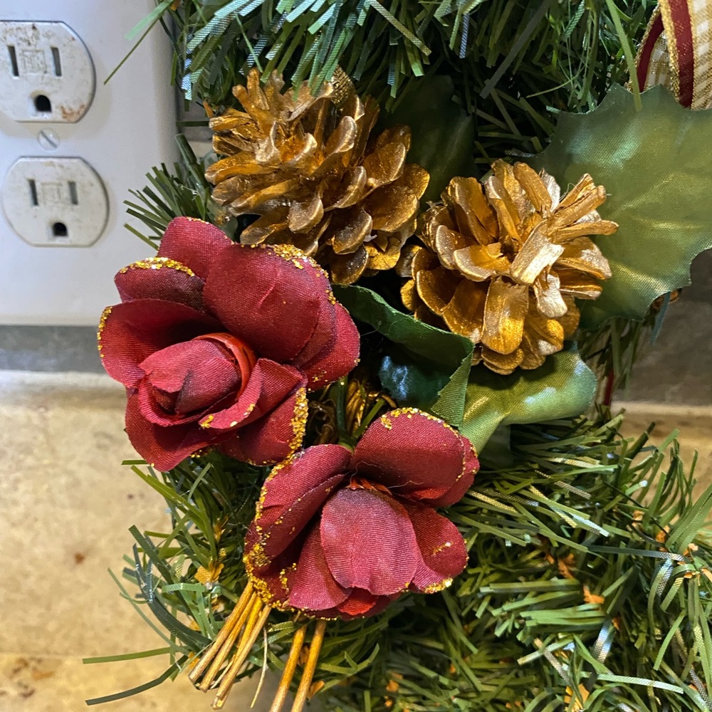 Festive Green Holiday Wreath with Red and Gold accents Christmas 16” - Picture 2 of 5